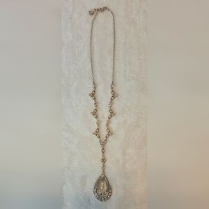 Silver Tone Faux Pearl Rhinestone Teardrop Y Necklace Statement Pendant